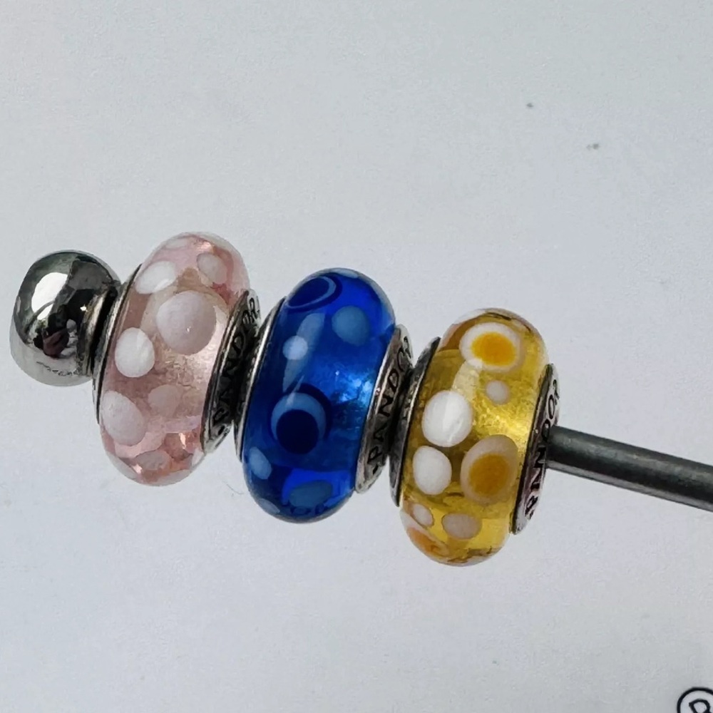 Pandora Lot/3 Bubble Murano Glass Charm Blue-Pink-Yellow